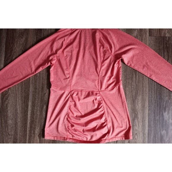 Womens EDDIE BAUER Size Small Athletic Hooded Running Shirt Pink White Stripes - Picture 1 of 11